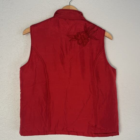 Coldwater Creek Red Silk Puffer Vest Full Zip Embroidered Winter Sporty Preppy - Picture 4 of 8